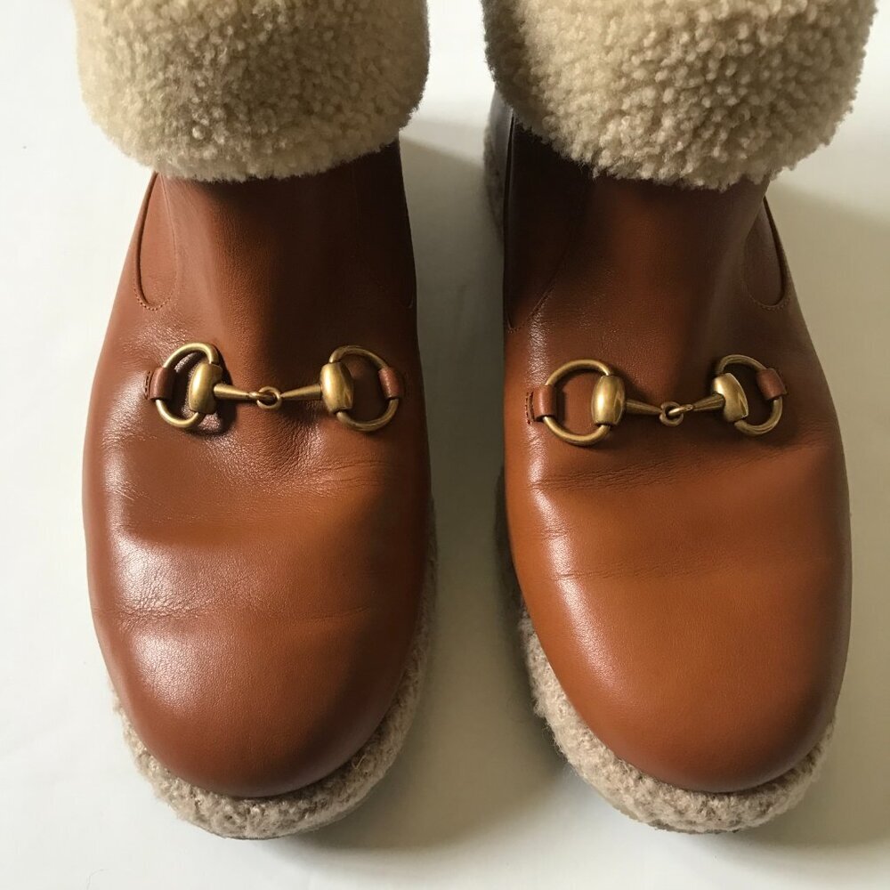 NWOB Gucci Fria Horsebit Ankle Boots Womens 41 10 Brown Leather Sherpa Lined NEW - Picture 7 of 13